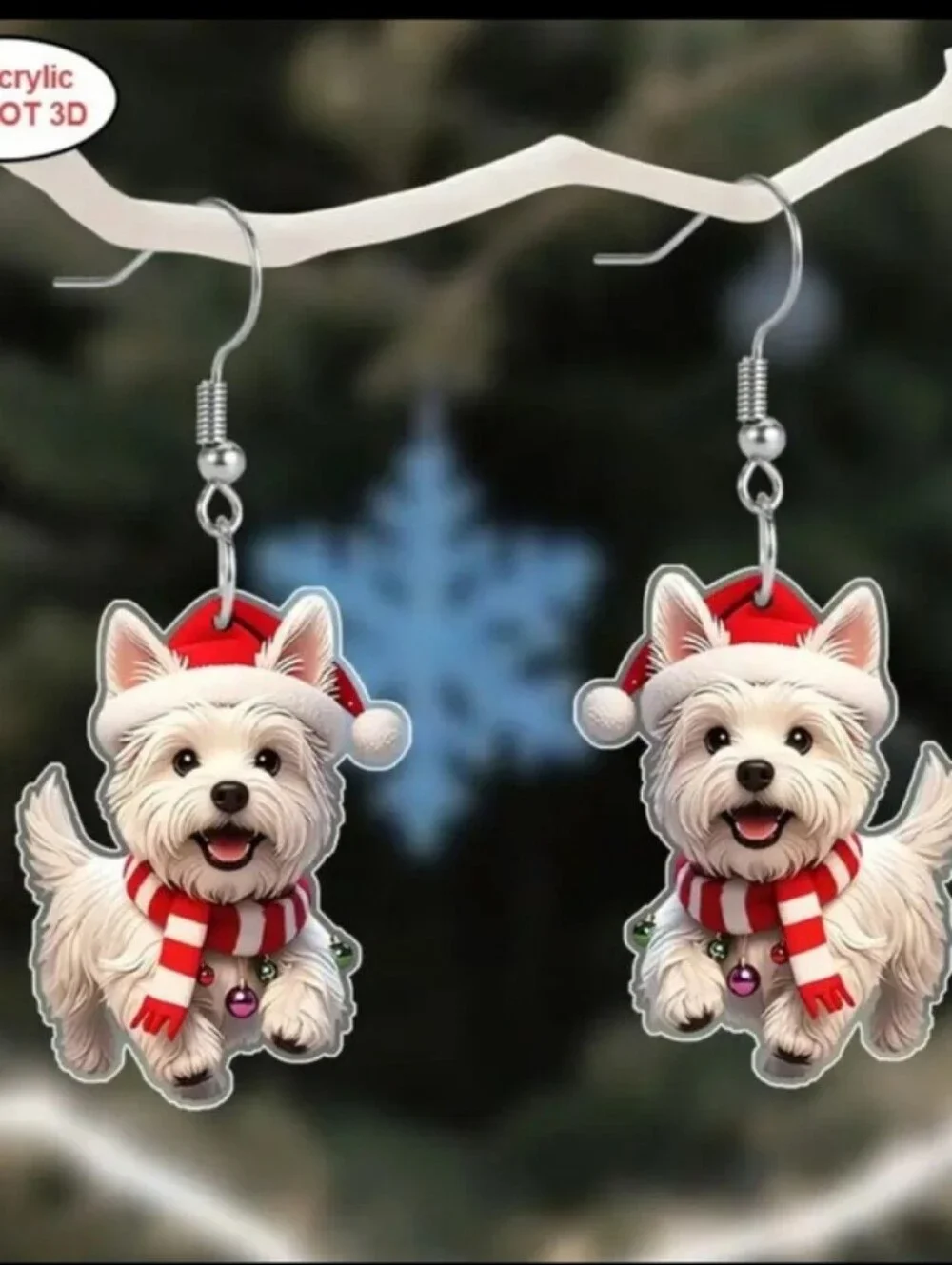 Festive White Dog Earrings with Red Santa Hat and Scarf